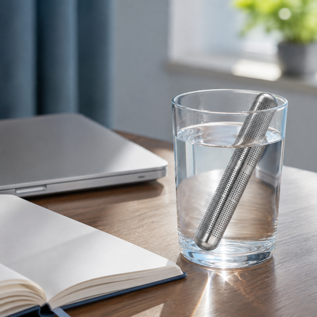 Covarook rod immersed in drinking water beside a notebook and laptop